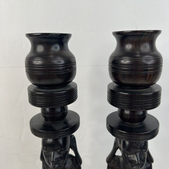 Pair of Vintage African Hand Carved Iron Wood Figural Sculptures Candle Sticks - Picture 3 of 15